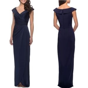 NEW La Femme 25206 Ruched Cap Sleeved Long Gown in Navy